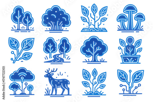 Vector glowing mushrooms icons reality forest leaves neon trees augmented interactive icon