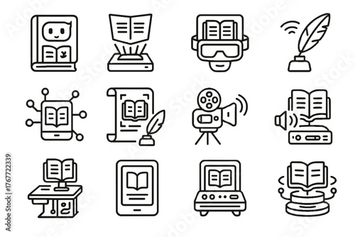 Digital tale hub desk icon augmented quill connected vector storytelling ai icons
