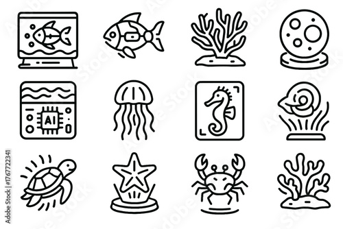 Icon projected digital holographic shell coral futuristic aquarium bubbles icons animated jellyfish