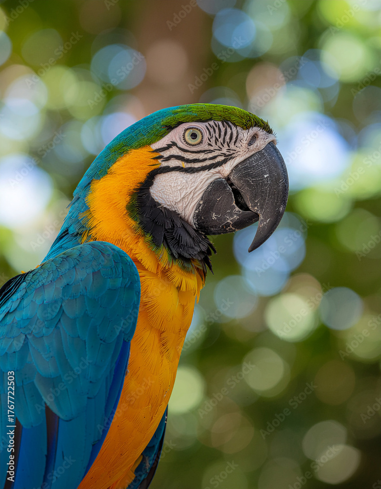 Obraz premium Vibrant Blue and Yellow Macaw Portrait with Bokeh Background