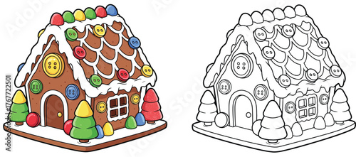 Cute Cartoon Gingerbread House Decorated with Buttons, Gumdrops, and Icing - Festive Holiday Vector Illustration