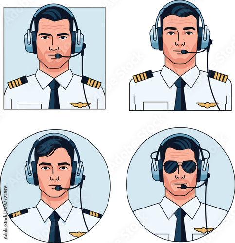  Four portraits of a male pilot with aviation headset