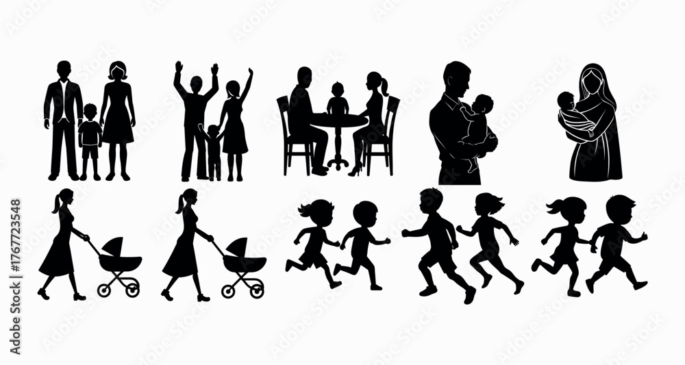 Fototapeta premium Happy Family of Father, Mother and Children and Parents and Kids Illustration