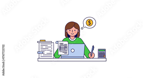 Accountant At Work With Laptop, Calculates Taxes And Manages Finances Successfully