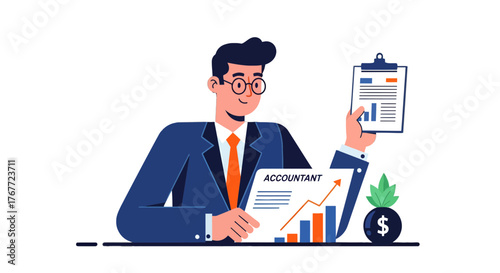 Accountant Presenting Financial Growth and Profitability on a Dark Background Vector Illustration