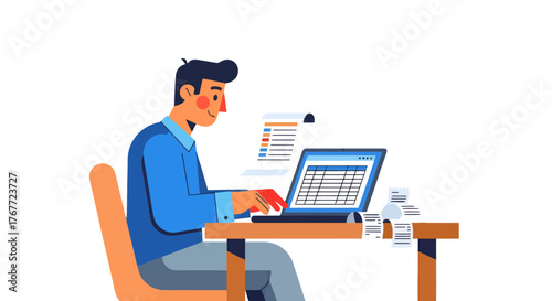 Accountant Working on Data Analysis and Financial Reports Using Laptop and Receipts
