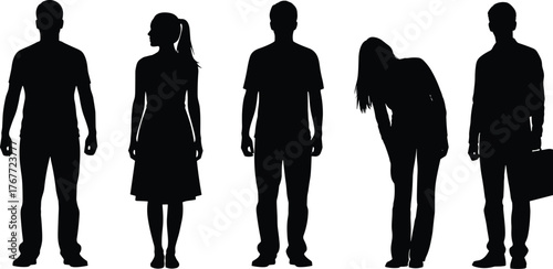 Silhouettes of diverse standing poses, human posture study, business attire, body language concept, ergonomic design, white background, professional figures
