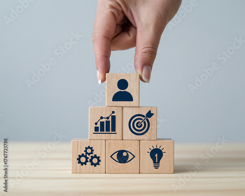 Strategic business building blocks symbolize growth, vision, and achieving goals for professional success