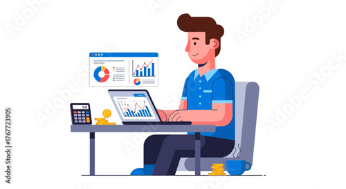 Analyst Working On Charts And Statistics, Representing Data And Financial Analysis Skills