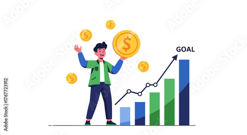Achieving Financial Goals: A Cartoon Representation Of Financial Growth And Success