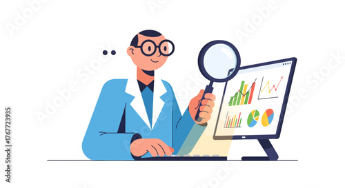 Analytic Professional Studying Data And Charts On A Computer Screen With Magnifying Glass