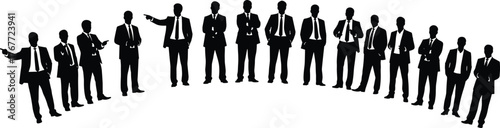 Silhouettes of multiple businessmen in suits, standing in a curved row, formal group of professionals, isolated on white background, teamwork