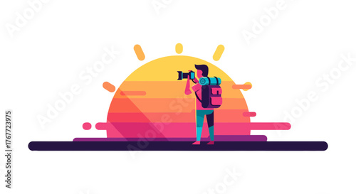 Adventurer Capturing Sunset With Vibrant Hues And Dramatic Silhouetted Landscape