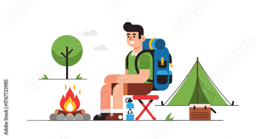Adventurer Enjoying The Night With A Campfire, Tent, And Backpack Under The Sky