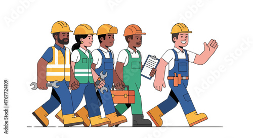 Animated Construction Crew Walking Towards A Goal Representing Progress and Teamwork