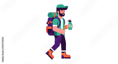 Adventurous Traveler With Backpack And Water Bottle In Route To Explore Nature