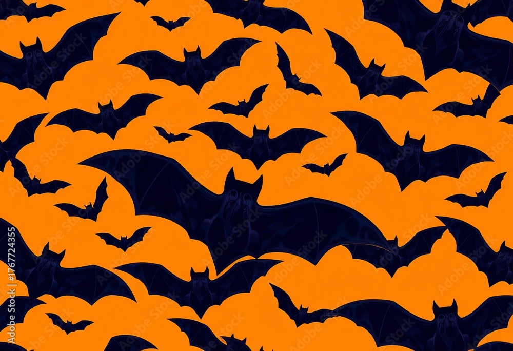 Seamless vector pattern of black bats on orange background for Halloween,  endless,  repeating