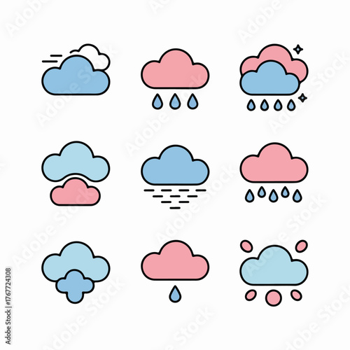 Vector illustration set of weather icons including sun, rain, cloud, snow, and wind symbols for climate forecast design