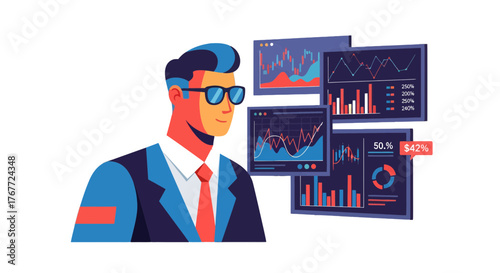 Analyst Assessing Financial Data Displayed on Multiple Computer Screens Visualization