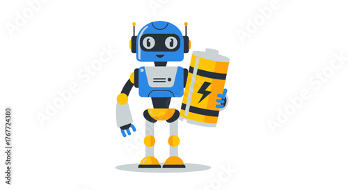Animated Robot Holding Battery, Renewable Energy, Power Source, Modern Technology