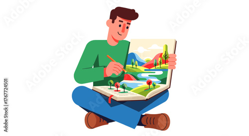 Animator Sitting And Sketching A Scenic Landscape With Creative Artistic Expressions