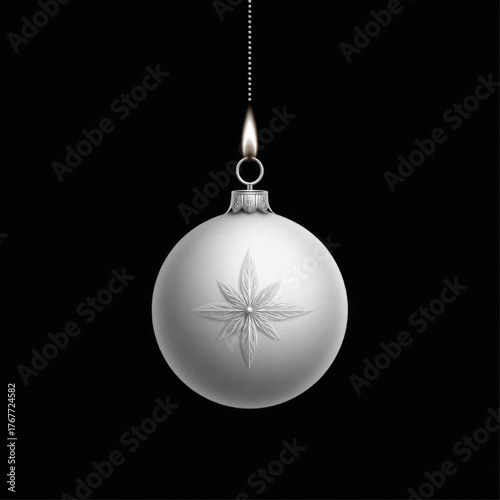 Surreal silver Christmas bauble ornament with an internal flame, dramatic and glowing, against a dark black background.