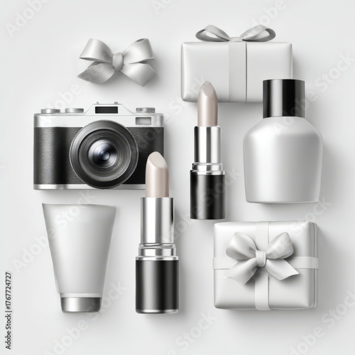 Elegant styled flat lay of a vintage camera and neutral cosmetic products, clean black and white, representing luxury beauty, content creation, and gifting.