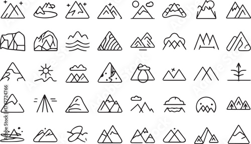 Mega Collection of Line Art Mountain Icons Hand Drawn Landscape Nature and Adventure Symbols