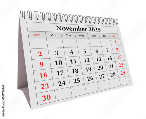 November 2025 calendar. Page of annual business desk month calendar isolated on transparent png