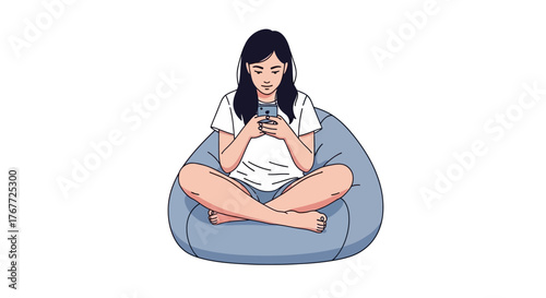 Serene woman using smartphone while lounging on a comfortable beanbag chair digitally rendered on
