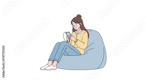 Relaxing at home a young woman enjoying music and technology on a beanbag chair using her phone