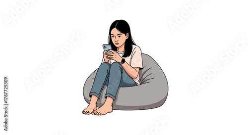 Illustration of a girl engrossed in her smartphone while lounging on a beanbag chair