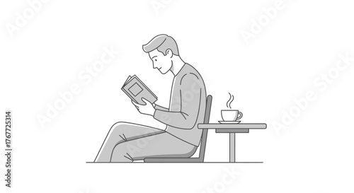 Relaxed reading with coffee: A monochrome illustration of a serene moment in a book