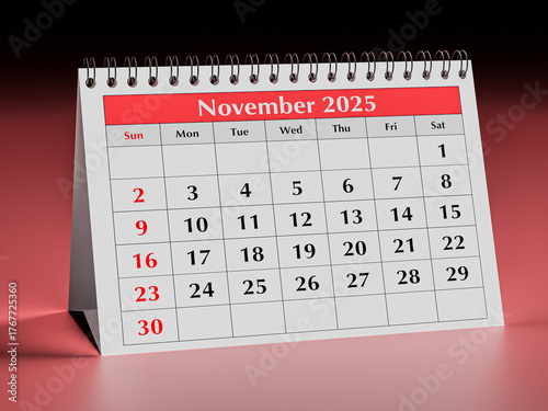 November 2025 calendar. One page of annual business desk planner