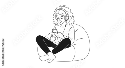 Stylized illustration of a young woman enjoying music and social media on a beanbag chair