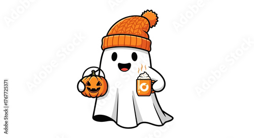 Cute cartoon ghost with pumpkin bucket and hot drink ready for trick or treating fun