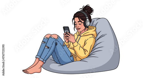 Cartoon girl in hoodie relaxes on beanbag with mobile device and headphones listening stream music