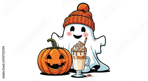 Whimsical Halloween Scene with Cartoon Ghost Pumpkin and Latte Illustration for Autumn Vibes