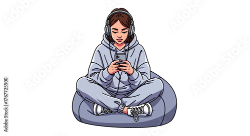Digital illustration depicts a young woman enjoying music on a beanbag with a smartphone