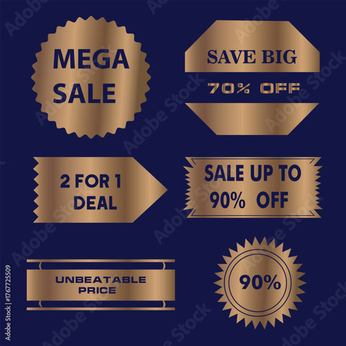 Discount sale tags with gold accents on a dark blue background  
