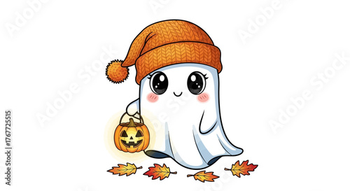 Adorable halloween spirit, cute ghost with a beanie and pumpkin, for seasonal greetings
