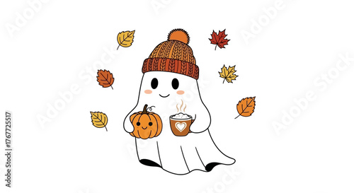 Adorable fall vibes with a cozy ghost wearing a beanie, holding a pumpkin and hot drink