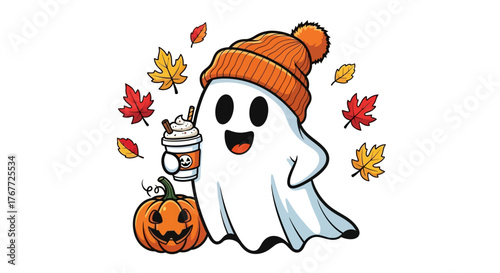 Charming halloween ghost wearing beanie enjoying pumpkin spice latte and surrounded leaves