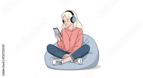Relaxed illustration of a girl on a beanbag chair listening to music with headphones