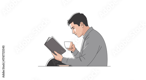 Isolated man reading a book and drinking a coffee, leisure activity relaxation time