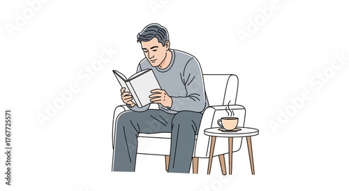Man enjoys quiet time reading a book with a cup of coffee in a cozy armchair illustration