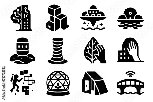 Futuristic vector modular skin icons tower icon unit rotating architecture space greenhouse