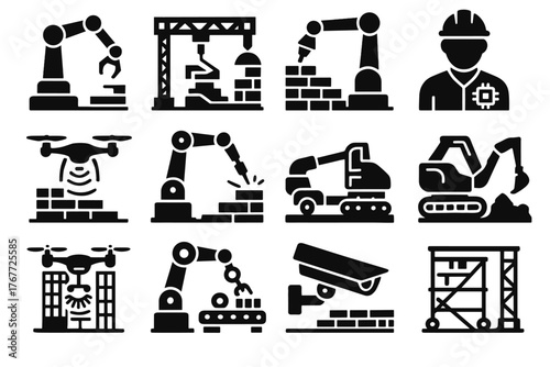 Drone icon robotics monitoring system printing architectural icons bricklayer scanner vector automated