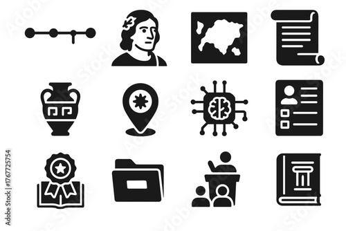 Vector knowledge explanation history folder figure quiz icon set chart scroll lecture