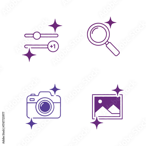 Set of 4 Icons representing photo editing, image adjustment, camera photography, and search or zoom functionality